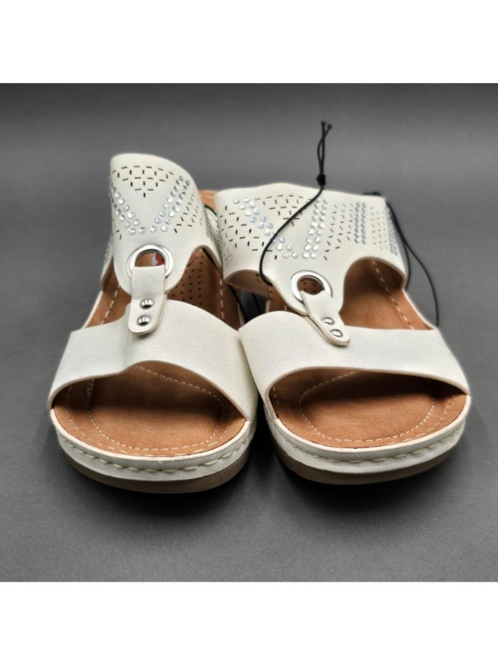 G.C. Shoes Marbella Wedge Sandals Size 7.5 White Rhinestone Studded Slides - Picture 2 of 9